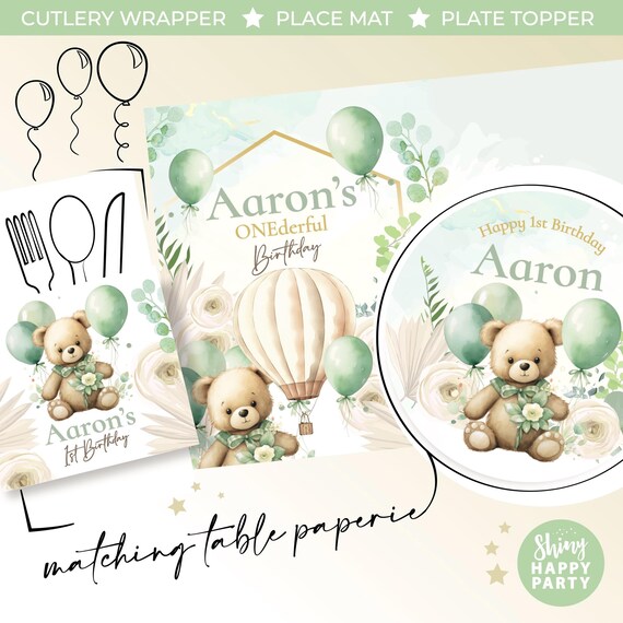 SAGE BEAR Balloon Personalised Party Box - Add matching paperie to co-ordinate party decor - Table Settings Gift Bags Birthday Stickers