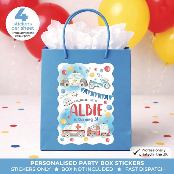 Personalised EMERGENCY Vehicle Birthday Stickers - Rescue Party Labels