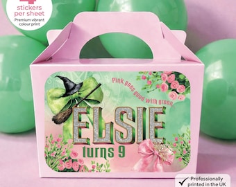 Personalised Pink & Green Wizard Birthday Party Bag Box Stickers - Magical Witch Princess Labels
