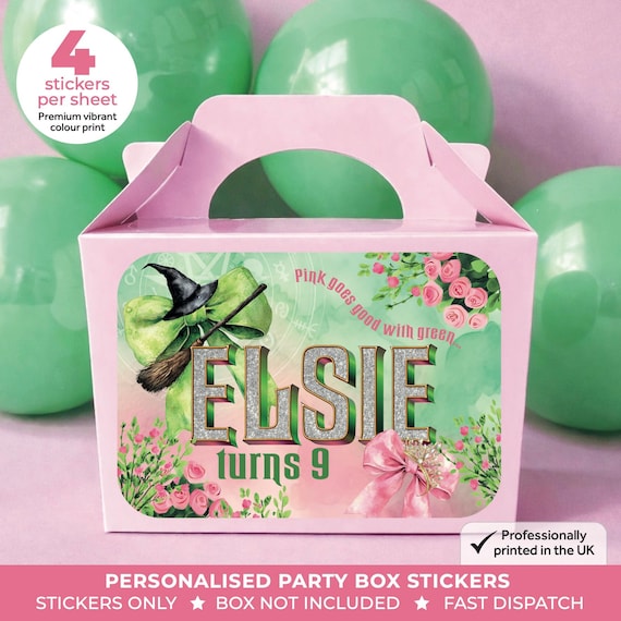 Personalised Pink & Green Wizard Birthday Party Stickers - Magical Witch Princess Labels