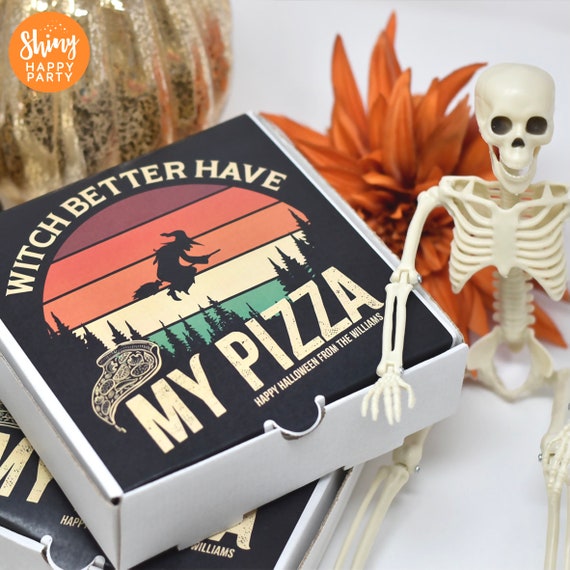 HALLOWEEN PIZZA BOX Personalised 7" Party Box. Small Pizza Sweets, Treats, Gift Box Add Bottle Wrappers to match
