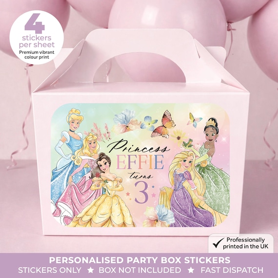 Personalised Princess Birthday Party Bag Box Stickers - Fairytale Rainbow Labels