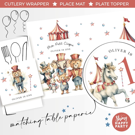 CIRQUE CIRCUS ANIMALS Personalised Party Box - Add matching paperie to co-ordinate party decor - Table Settings Gift Bags Birthday Stickers