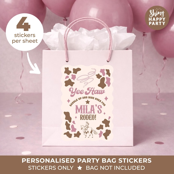 Personalised Cowgirl Birthday Party Stickers - Pink Rodeo Western Labels