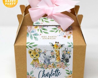 Personalised Pink Jungle Animals Mini Small Flower Floral Box Wedding Birthday Hen Celebration Party Gift Favor Bag Box Treat Sweet Cake