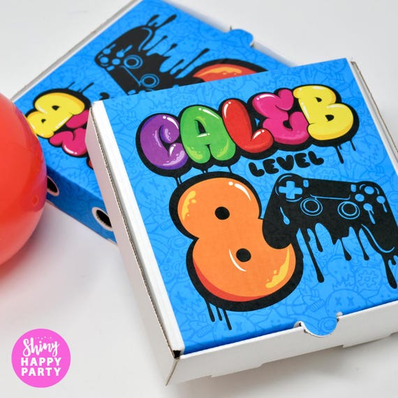 GRAFFITI GAMER PIZZA Box Personalised 7" Party Box. Small Pizza. Graze Box. Sweets, Treats, Nibbles, Gifts. Add Bottle Wrappers to match.