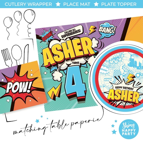 SUPERHERO COMIC Personalised Party Box - Add matching paperie to co-ordinate your party decor - Table Settings Gift Bags Birthday Stickers