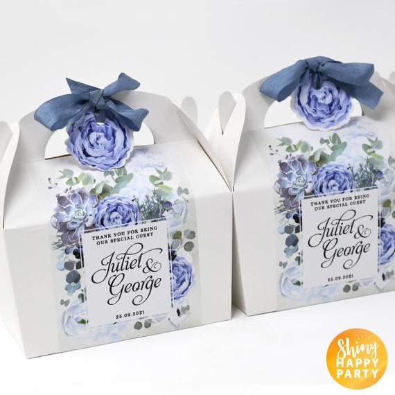 BLUE FLORAL Personalised Wedding Favor Box, Cake, Sweets, Gift Boxes. Matching Table Decor & Paperie available.