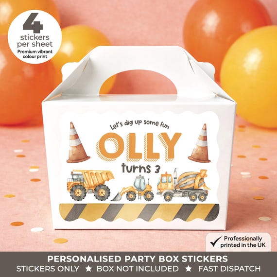 Personalised CONSTRUCTION Birthday Party Stickers - Watercolour Digger Labels