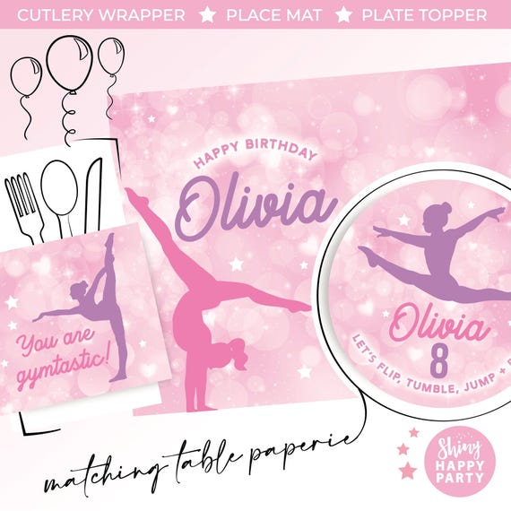 GYMNASTICS FLIP JUMP Personalised Party Box - Add matching paperie co-ordinate your party decor - Table Settings Gift Bags Birthday Stickers