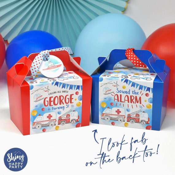 EMERGENCY VEHICLES Personalised Party Box - Add matching paperie to co-ordinate your party decor -Table Settings Gift Bags Birthday Stickers