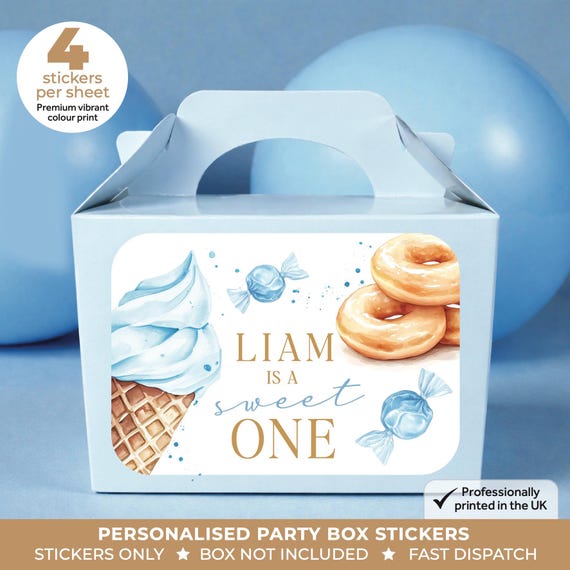 Personalised Blue Candy Birthday Party Stickers - Sweet Donut Labels