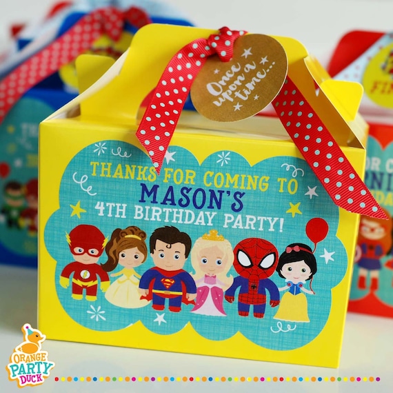 SUPERHERO & PRINCESS Personalised Party Box - Add matching paperie to co-ordinate party decor - Table Settings Gift Bags Birthday Stickers