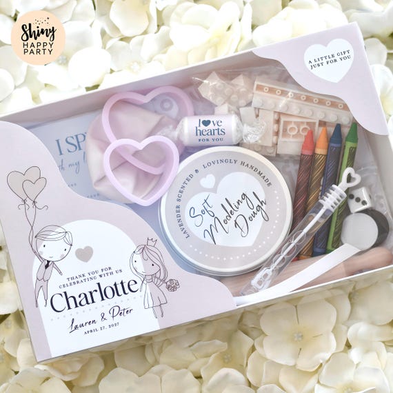Deluxe WEDDING ACTIVITY BOX Personalised. Children's Dough, Bricks, Activities, Sweets, Bubbles, Games, Balloon, Crayons, Counters, Dice