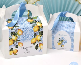 Caixa de lembrancinha de casamento com tema de limão Amalfi, caixa personalizada para bolo e doces.