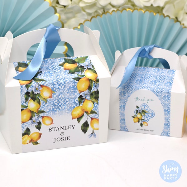 AMALFI WEDDING Personalised Wedding Favor Box, Cake, Sweets, Gift Boxes. Matching Table Decor & Paperie available.