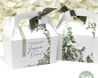 NEW EUCALYPTUS LEAF Personalised Wedding Favor Box, Cake, Sweets, Gift Boxes. Matching Table Decor & Paperie available.