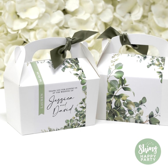 NEW EUCALYPTUS LEAF Personalised Wedding Favor Box, Cake, Sweets, Gift Boxes. Matching Table Decor & Paperie available.
