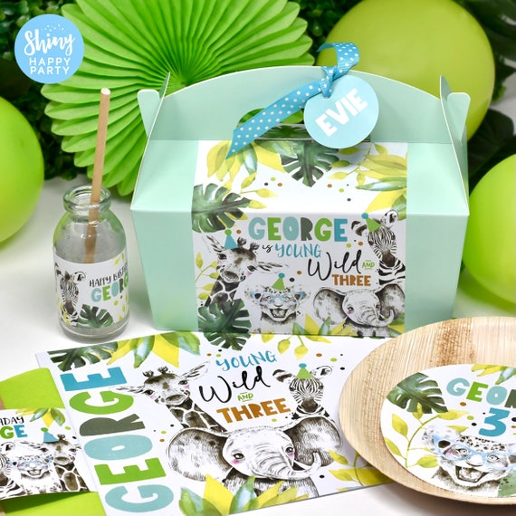 WILD JUNGLE  ANIMALS Personalised Party Box - Add matching paperie to co-ordinate party decor -Table Settings Gift Bags Birthday Stickers