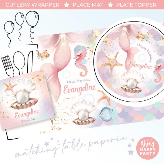 MERMAID PEACH PEARL Personalised Party Box - Add matching paperie co-ordinate your party decor - Table Settings Gift Bags Birthday Stickers