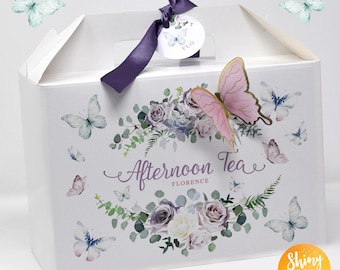 PERSONALISED Butterfly Lilac Pink Flower Afternoon Tea Team Bride White Hen Birthday Wedding Party Bag Box