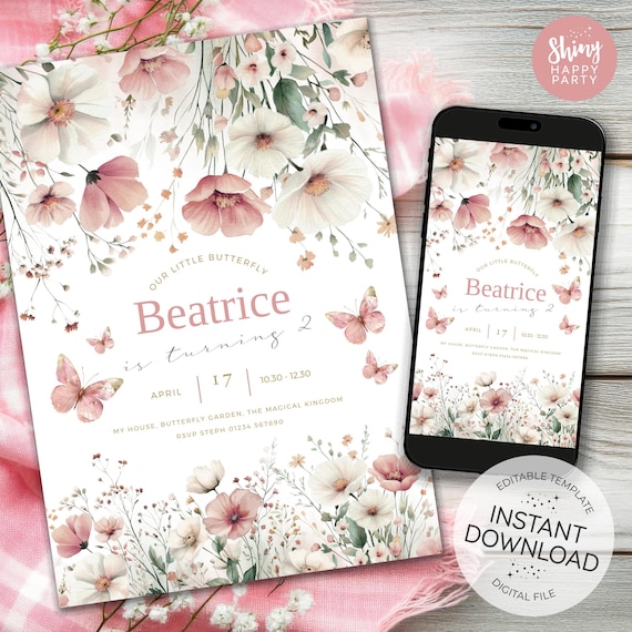 EDITABLE BUTTERFLY Flower Pink Invitation Boy Birthday Invitations Party Invite Printable Template Digital Instant Download