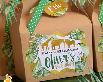 JUNGLE GOLD GREEN Personalised Party Box - Add matching paperie to co-ordinate your party decor - Table Settings Gift Bags Birthday Stickers