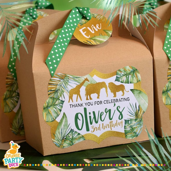 JUNGLE GOLD GREEN Personalised Party Box - Add matching paperie to co-ordinate your party decor - Table Settings Gift Bags Birthday Stickers