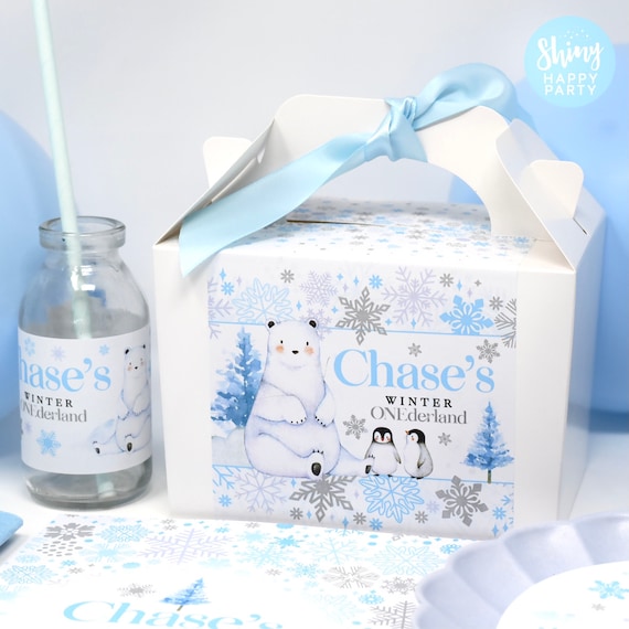 WINTER POLAR BEAR Personalised Party Box - Add matching paperie to co-ordinate your party decor - Table Settings Gift Bags Birthday Stickers