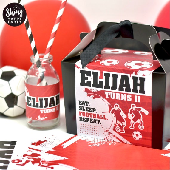 RED FOOTBALL PARTY Personalised Party Box - Add matching paperie co-ordinate your party decor - Table Settings Gift Bags Birthday Stickers