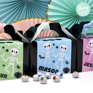 HALLOWEEN PASTEL SKELETON Personalised Party Box, Bottle Wrappers, Cutlery Wraps, Place Mats, Plate Toppers, Stickers. Gift boxes Treat Bags