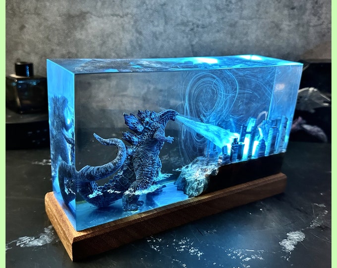 Godzilla monster resin lamp,diorama resin epoxy,custom night light,handmade gifts,personalized gift,home decor,Valentine's Day gifts for him