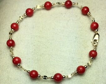 Coral Jewellery. Scarlet Rose Ruby Red Bracelet Natural Red Coral Heavy Gemstone Beaded Handmade Band Bracelet