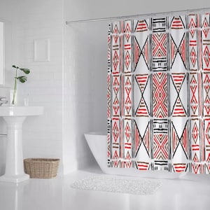 Red Mud Cloth African Print Shower Curtain | Afrocentric Bathroom Decor | Waterproof African Boho Home Decor | Privacy Curtain with Hooks