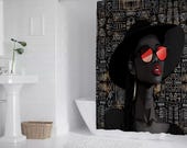 Afrocentric Mud Cloth Shower Curtain | Black Woman Art with Hat & Red Sunglasses | African Boho Bathroom Decor | 72"x72" Waterproof Curtain