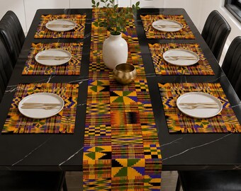Kente African Print Table Runner Placemat Set 7 Pieces kente fabric tile