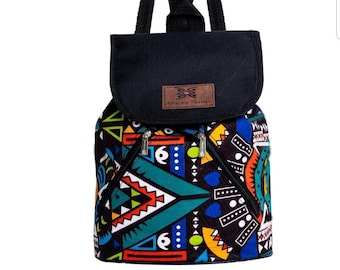 Aztec Mini African Print Backpack | Adire Small Waterproof Casual | Black Water Resistant Lining Drawstring Daypack Purse for Girls