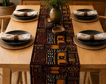 Brown Mud Cloth Table Runner | African Print Table Decor | Afrocentric Dining Decor | Bogolan Table Linen | Boho African Home Decor