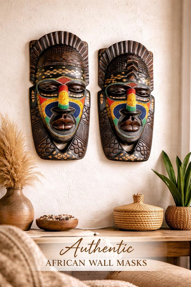 Autentica scultura a forma di maschera africana con perline per parete / Arte africana da parete / Decorazione murale / Scultura artistica africana in legno immagine 2