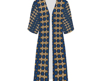 Niebieski szlafrok kimono z afrykańskim nadrukiem Ankara | Niebieski damski płaszcz Ankara | Odzież afrocentryczna | Narzutka w stylu boho