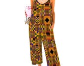 Kente Print Jumpsuit for Women | African Print Casual Overalls | Sleeveless Wide Leg Romper