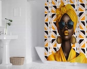 Yellow & Brown Afrocentric Shower Curtain | African Woman Art | Mud Cloth Boho Bathroom Decor | 72"x72" Waterproof Curtain