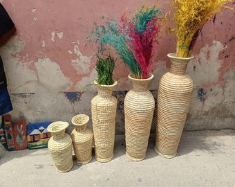 Woven Vase | Handmade Rattan Vase | Custom Height Basket Vase | Boho & Rustic African Home Décor