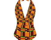 Kente African Print One Piece Swimsuit | Halterneck Tankini Swimsuit | African Print Swimwear | Tribal Low Cut Bathing Suit