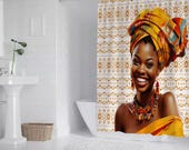 Orange Afrocentric Shower Curtain | African Lady Art & Mud Cloth Print | Boho Bathroom Decor | 72"x72" Waterproof Curtain | Black Woman Art