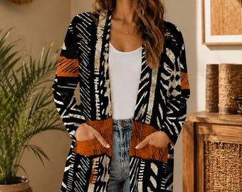 Szlafrok kimono z tkaniny błotnej | Kardigan z długim rękawem w afrykańskim wzorze | Kurtka boho z kieszeniami | Elastyczna i lekka | Jesienna kurtka warstwowa