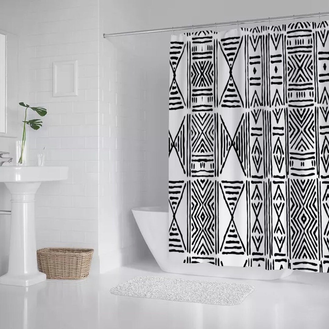 African Mud Cloth Shower Curtain and Rug Set - Boho Bath Curtain for ...