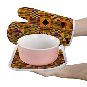 Kente African Print Anti Scald Insulated Gloves and Mat Set image 3