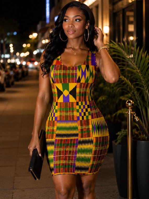 Kente African Print Dress | Bodycon Lounge Dress | Afrocentric Women's Dress | African Clothing