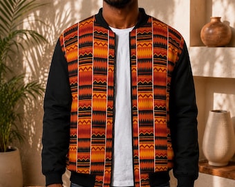 Kente Bomber Jacket | African Print Jacket | Afrocentric Varsity Jacket | Black Sleeve Streetwear | Gift for Him